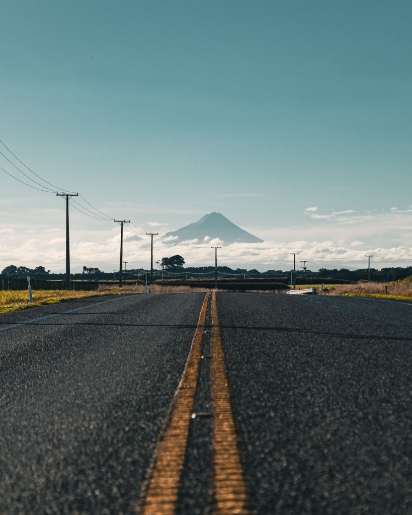 Silhouette of Mount Taranaki from the road in New Zealand