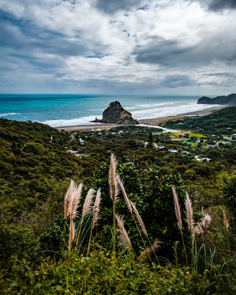 Lion Head rock from a hill top at Piha beach